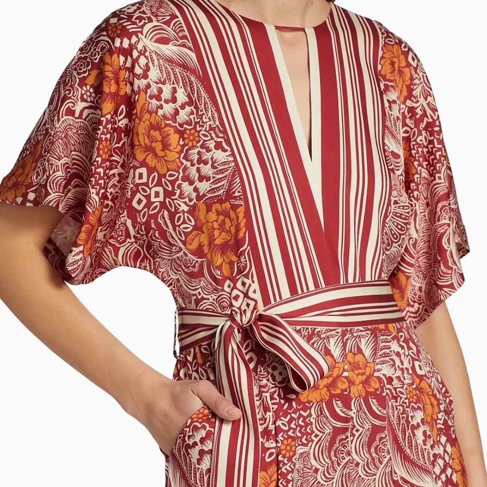 Elie Tahari Jumpsuit Silk Occasion Jumpsuit Botanical All Over Print V-Neck Belt - Picture 8 of 16